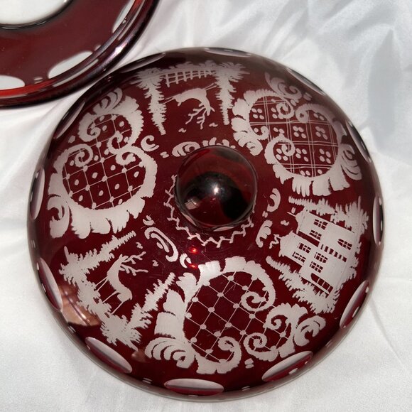 Bohemian Red Cut-to-Clear Candy Dish with Lid - Picture 7 of 8